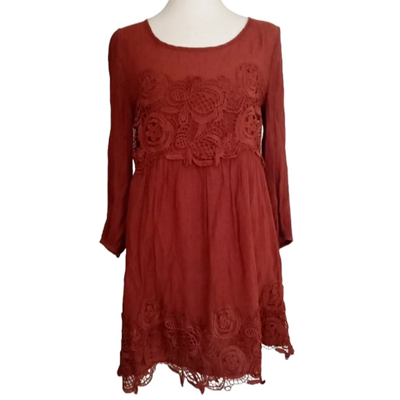 Entro Rust Lace Detail Lightweight Mini Dress Long Sleeve Gauze Feel Size Small - Picture 1 of 6